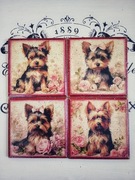 Piękne podstawki z pieskami Yorkshire Terrier vintage shabby chic róże 