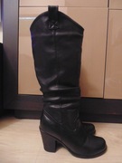 Czarne kozaki do kolana, skóra, słupek- r.37