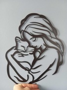 Metalowa dekoracja ścienna. Dziewczyna tuląca kota. 23 cm x 30 cm