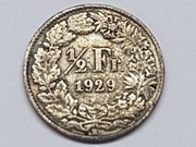 1/2 Franka szwajcarskiego, 1929 r. SREBRO pr. 835