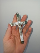 Drewniany krzyżyk krzyż masa perłowa muszla abalone Jerusalem krucyfiks 