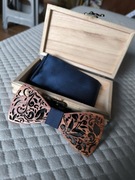 Muszka drewniana orzech i poszetka zestaw granatowa pudełko męska karnawał