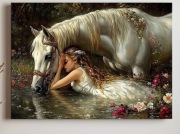 Obraz, dziewczyna i koń w strumieniu