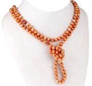 Pomarańczowe perły słodkowodne,  długi sznur pereł, 120 cm