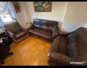 Zestaw wypoczynkowy sofa rozkładana 3os. Sofa 2os fotel 1os skóra dąb