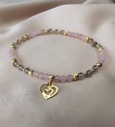 Bransoletka kamienie naturalne turmalin różowy kwarc dymny serduszko srebro