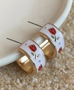 Kolczyki C emaliowane kwiaty tulipany biały czerwony złoty 