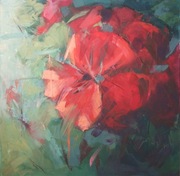 ABSTRAKCJA Z CZERWONYM  KWIATEM, obraz olejny na płótnie