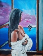 Poranek Obraz z kobietą spoglądająca na żaglówkę