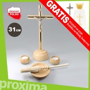 31cm DUŻY DREWNIANY KOMPLET KOLĘDOWY Krzyż Świeczniki Kropidło Miska KOLĘDA