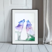 Akwarela A4 "Dusze Gór" pastelowe, wyjące wilki, góry, las, malowana 