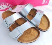 Birkenstock Arizona 29 klapki sandałki skórzane srebrne