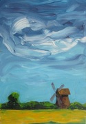 Wiatrak, ok. 42x29,7 cm. młyn, pejzaż