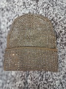 Czapka beanie z cyrkoniami beżowa camel | zimowa | uniwersalna