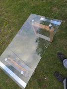 Nowoczesna ława szklana / Stolik kawowy - szkło + drewno (Okazja!