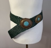 Pleciony zielony pasek skóra naturalna, złote okucia + turkusowy kamień