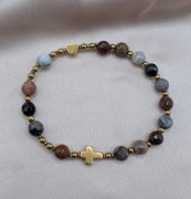 Bransoletka różaniec kamienie skamieniałe drewno krzyżyk serduszko prezent 