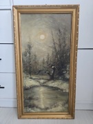 Pejzaż olejny w złotej ramię- Vintage PRL