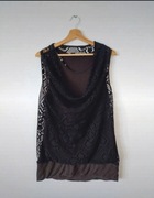 Czarno-brązowa bluzka XL 42 dekolt waterfall siatka vintage goth
