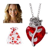 NASZYJNIK SERCE SREBRNY KRYSZTAŁOWE CZERWONE RÓŻA NA PREZENT WALENTYNKI