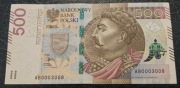 500 ZŁ SERIA AB 0003008 SUPER NR. 2016 r. BDB STAN