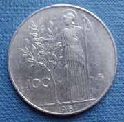 Moneta Włochy 100 lirów 1961