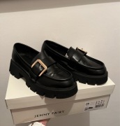 Czarne Loafersy, mokasyny na platformie z klamrą i okrągłym noskiem