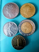 Zestaw monet Włochy + Austria. 5 szt. 1 srebro, oryginały z obiegu.