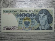 BANKNOT PRL 1000 ZŁOTYCH 1975 ROK SERIA AR MIKOŁAJ KOPERNIK UNC