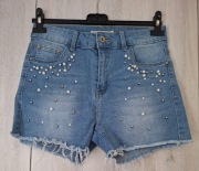 Nowe krótkie spodenki jeansowe nabijane perełki r. 38 M 