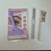 3 produkty do makijażu oczu maskara, topper brokatowy na rzęsy, kreski