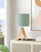 Lampka nocna stołowa vintage drewno lniany abażur ZIELONY LED E27 EDISHINE