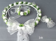 Biało zielony wianek, wianuszek komunijny, opaska na rękę i ozdoba torebki