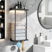 Wieszak na ręczniki bez wiercenia regulowany z półką i hakami czarny