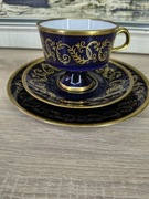 Zestaw śniadaniowy – filiżanka, spodek i talerz – kobalt, złocenia