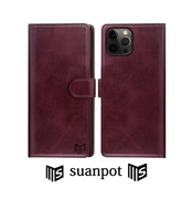 Etui iPhone 12 Pro Max, skórzane, bordowe z klapką, Suanpot