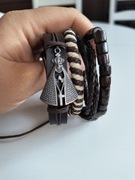 Komplet bransolet skórzano - drewnianych religijne pop z krzyżem regulowane