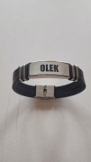 Męska bransoletka z grawerem OLEK stal szlachetna skóra czarna obwód 18cm