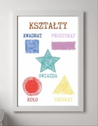 Plakat montessori edukacyjny kształty w ramce a4 (21x29,7 cm)wzory