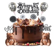 Zestaw dekoracji na tort 15 urodziny topper balony czarny