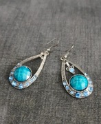 Kolczyki wiszące, cekiny niebieskie, kamień turkusowy