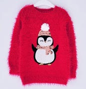 Czerwony włochaty sweter z pingwinem Primark 110