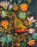 Obraz olejny na płótnie, ręcznie malowany 24x30cm PTAKI KWIATY NATURA 