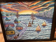 ,, Dwa domy drewniane przy rzece ’’ obraz olejny