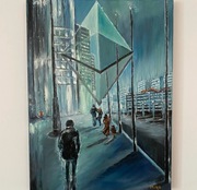 Oryginalny obraz olejny duże miasto i pieniądze.