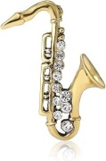 Broszka Złota Saksofon na Agrafce Cyrkonie Przypinka Pin Kryształki Prezent