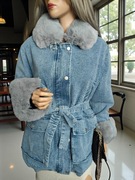 Płaszcz damski zimowy ocieplany jeansowy niebieski z paskiem XXL bawełna 