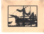 Drzeworyt okręt morze, sygnowany ołówkiem, 1910-1930 (?)