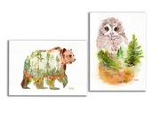 Góry. Las. Akwarela ręcznie malowana Sowa Niedźwiedź. Zestaw 2 szt