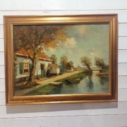 Obraz olejny na płótnie,Scena wiejska nad kanałem '